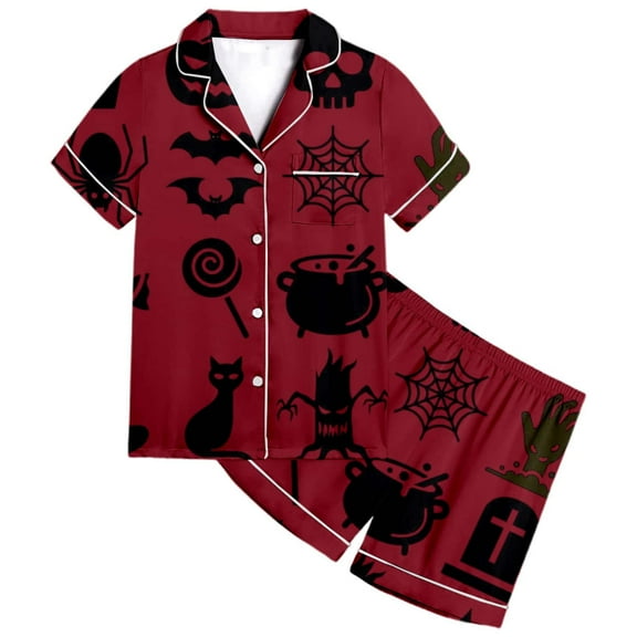 Silk Pajamas for Girls Halloween Pumpkin Bat Cat Print Satin Pajama Set Short Sleeve Top and Shorts 2 Piece Sleepwear Outfit Theme Party Wear Toddler Pajamas Brick Red 2 Years-3 Years