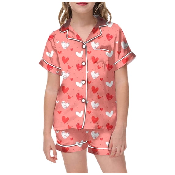Silk Pajamas for Girls Set Print Short Sleeve Shirts and Shorts Nightwear Set Funny Valentine's Day Pjs Summer Lounge Sets 2 Piece Summer Loungewear 6-7 Years