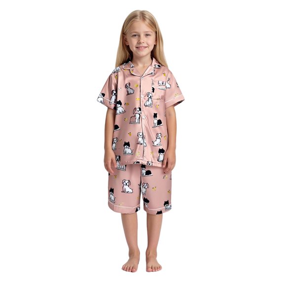 Silk Pajamas Kids Cute Cartoon Pjs Short Sleeve Button Down Sleepwear Comfy Toddler Kids Pjs Girls 2-3 Years