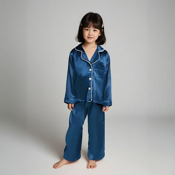 Silk Pajamas Kids Kids Blue Pajamas Short Sleeve Button Down Loungewear Fall Toddler Little Girl Pajamas 2-3 Years