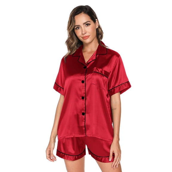 Short Sleeve Satin Pajama Set for Women - Button Down Sleepwear Top with Shorts Valentine's Gift Pajamas Set 2 Piece Silk Loungewear,S-XXL