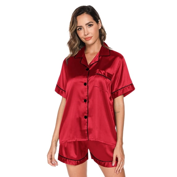 Short Sleeve Satin Pajama Set for Women - Button Down Sleepwear Top with Shorts Valentine's Gift Pajamas Set 2 Piece Silk Loungewear,S-XXL