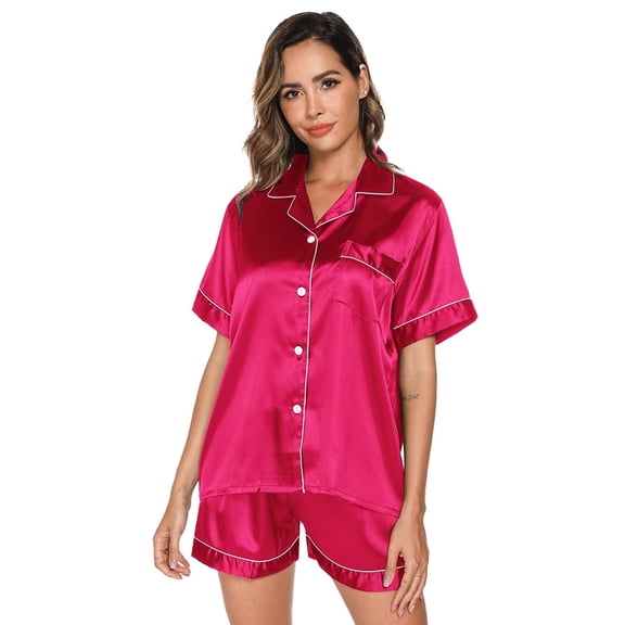 Short Sleeve Satin Pajama Set for Women - Button Down Sleepwear Top with Shorts Valentine's Gift Pajamas Set 2 Piece Silk Loungewear,S-XXL