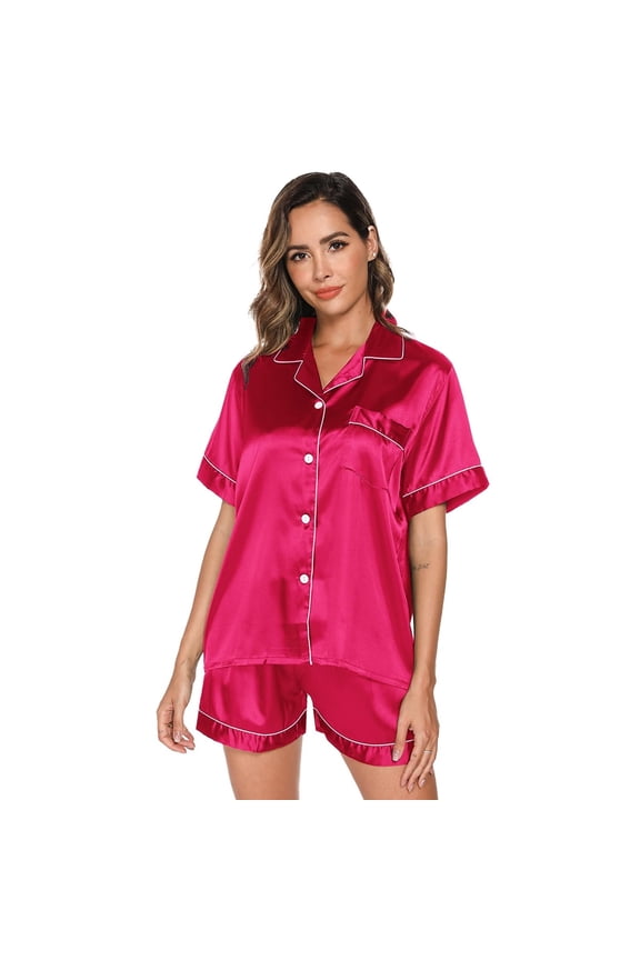 Short Sleeve Satin Pajama Set for Women - Button Down Sleepwear Top with Shorts Valentine's Gift Pajamas Set 2 Piece Silk Loungewear,S-XXL