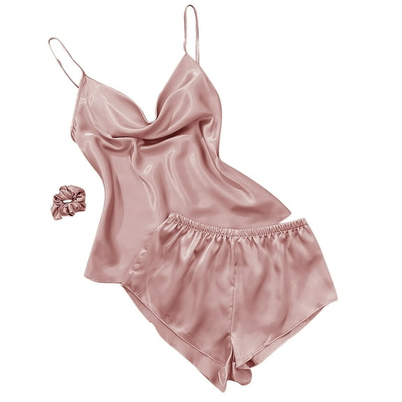 Silk Pajamas Set for Women Satin Camisole Sleepwear 3 Piece Pjs Cami Top and Shorts Hair Scrunchies Sleep Nightwear Gift