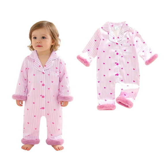 Silk Pajamas Toddler Valentines Day Pajama Heart Feather Trim Button down Long Sleeve Jumpsuit Romper Infant Pajamas 3-6 Months