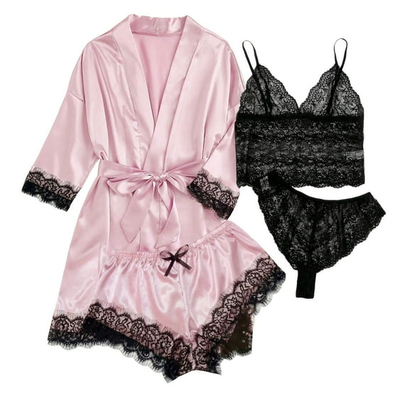 Silk Pajamas For Women Set 4 Piece Satin Sleepwear Classic Button Down Short Sleeve Pj Set Cute Loungewear Snowflake Pajamas Women Camping Clothes for Women Satin Pajamas Set Tie Womens Set Womens