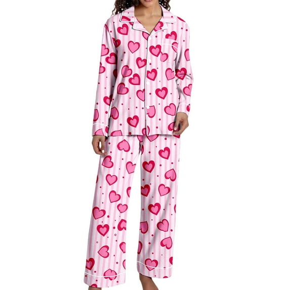 Silk Pajamas for Women Set Heart Print Valentine's Day Pajama Set Women Lapel Long Sleeve Soft Comfortable Loungewear for Cozy Evenings at Home Womens Winter Pajamas Pink L
