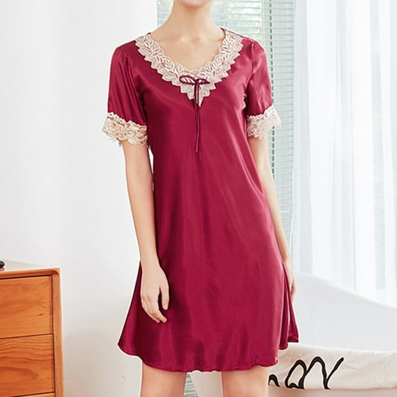 Silk Pajamas Women's Summer Ice Silk Pajamas Short Sleeved Nightdress Women's Summer Home Service Three Quarter Sleeve Nightshirts for Women Women Sleepwear Womens Shirt Nightgown Pajamas Grandmother