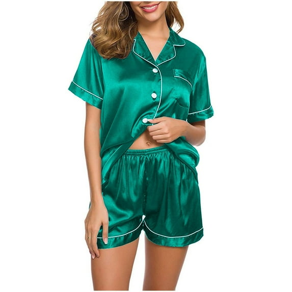 Silk Pajamas Womens Short Sleeve Sleepwear Soft Satin Button Down Loungewear 2 Piece Shorts Set Pajamas for Teen Pajama Button Shirts for Women Shorts And Pajamas Long Sleeve Shorts Pajama Set Womens