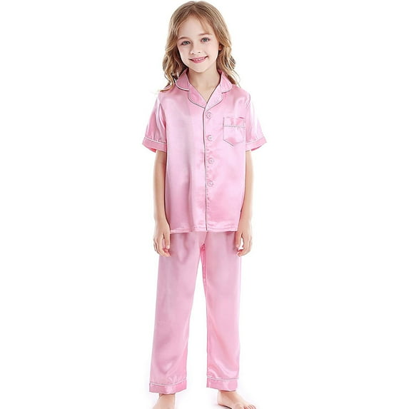 Satin Pajamas for Girls Coat Style Girls Pajama Set Button Down Tops with Pants Toddler Sleepwears Girls Satin Pajamas Size 6-7