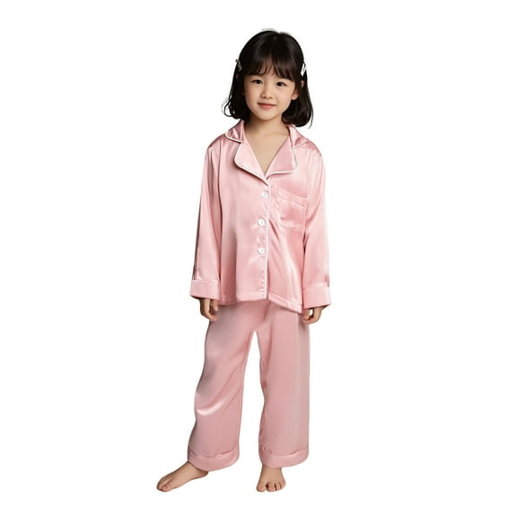 Silk Pajamas for Girls Pink Pjs Short Sleeve Button Down Loungewear Soft Pajamas for Girls 4-5 Years