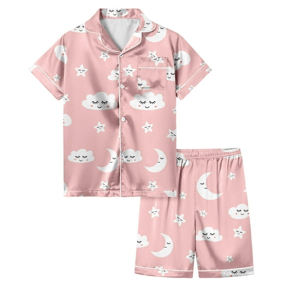 Kids Satin Pajama Set Girls Cute Cute Print Short Sleeve Top with Shorts Silk Button Down Pjs 2 Piece Summer Loungewear Light Pink,150