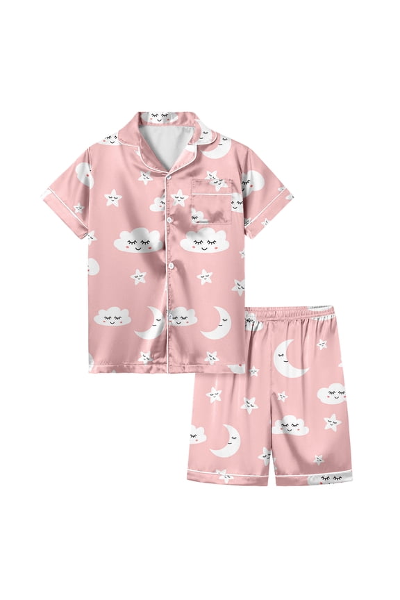 Kids Satin Pajama Set Girls Cute Cute Print Short Sleeve Top with Shorts Silk Button Down Pjs 2 Piece Summer Loungewear Light Pink,150