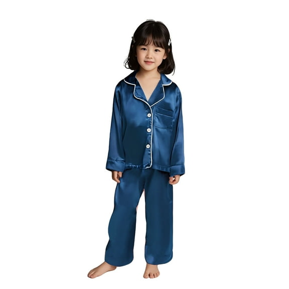 Silk Pajamas for Kids Blue Pjs Short Sleeve Button Down Shirt Comfy Toddler Pajamas Girls 2-3 Years