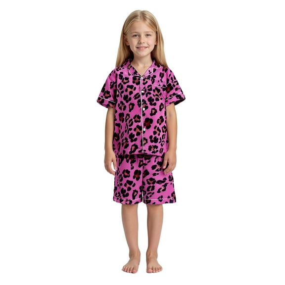 Silk Pajamas for Kids Leopard Pajamas Short Sleeve Button Down Shirt Comfy Teen Kids Pjs 10-11 Years