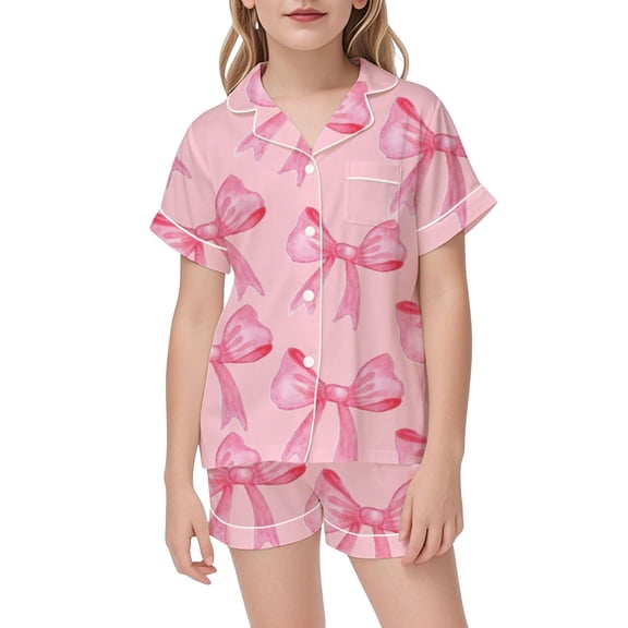Silk Pajamas for Kids Valentine Pjs Short Sleeve Bow Print Button Down Sleepwear Girls 9-10 Years Pajamas