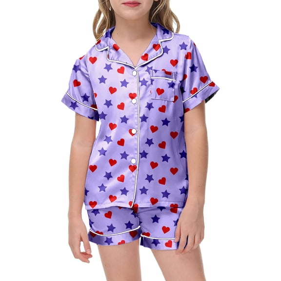 Silk Pajamas for Kids Valentines Day Pajama Short Sleeve Heart Button Down Loungewear Girls Silk Pajamas Size 8-9 Years
