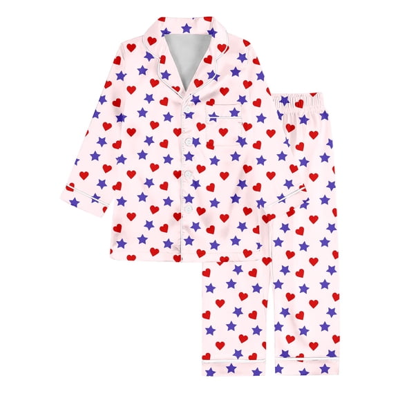 Silk Pajamas for Kids Valentines Day Pajamas Long Sleeve Heart Button Down Sleep Shirt Pajama Set for Girls 5-6 Years