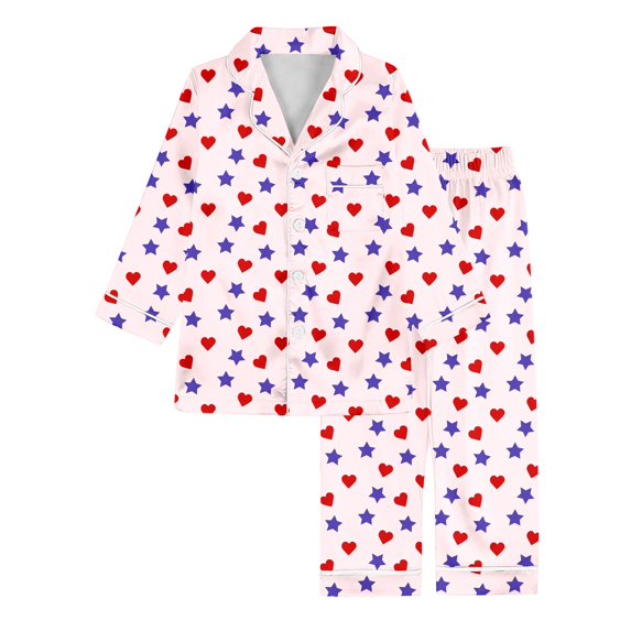 Silk Pajamas for Kids Valentines Day Pajamas Long Sleeve Heart Button Down Sleep Shirt Pajama Set for Girls 5-6 Years