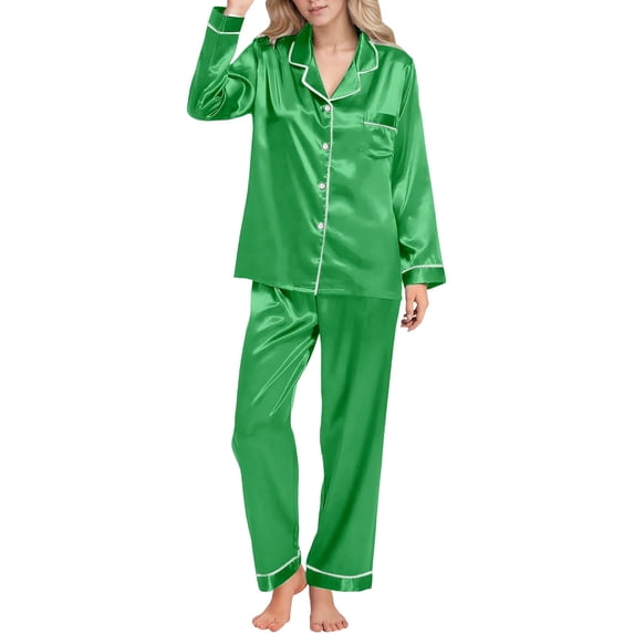 Silk Pajamas for Women 2 Pcs Button Down Long Sleeve Tops with Pants Lounge Sets Women Pjs Sets