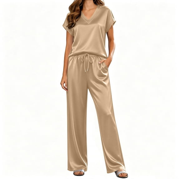 Silk Pajamas for Women 2 Piece Satin Pjs Cap Short Sleeve Sleepwear V Neck Shirt Long Pant Lounge Sets Beige XL(XL)