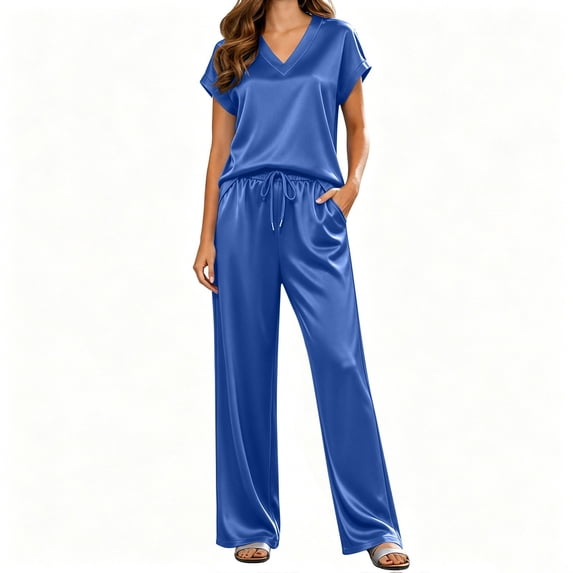 Silk Pajamas for Women 2 Piece Satin Pjs Cap Short Sleeve Sleepwear V Neck Shirt Long Pant Lounge Sets Blue L(L)