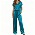 thumbnail image 1 of Silk Pajamas for Women 2 Piece Satin Pjs Cap Short Sleeve Sleepwear V Neck Shirt Long Pant Lounge Sets Dark Blue XXL(XXL), 1 of 6