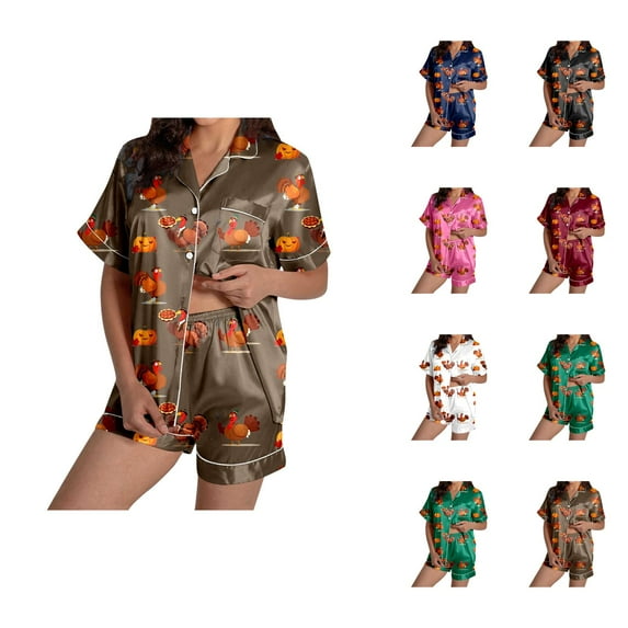 Silk Pajamas for Women â Satin Sleepwear Sets, Comfortable Lounge Sets for Night Ladies' Thanksgiving Turkey Print Pajama Shorts Set 2024