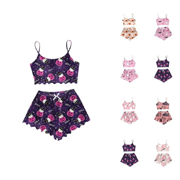 Silk Pajamas for Women â Satin Sleepwear Sets, Comfortable Lounge Sets for Night Women's Halloween Patterned Camisole Pajama Set