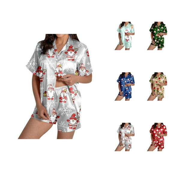 Silk Pajamas for Women Set – 2 Piece Sets for Women & Lounge Sets Women's Santa Print Short Sleeve Shirt & Shorts Pajama Set Festive Sleepwear Combo