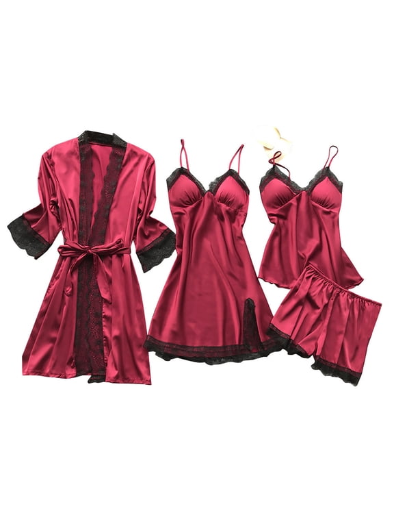 Silk Pajamas for Women Set 4pcs Plus Size Cami Nightgown Shorts with Belted Robe Lounge Sleepwear