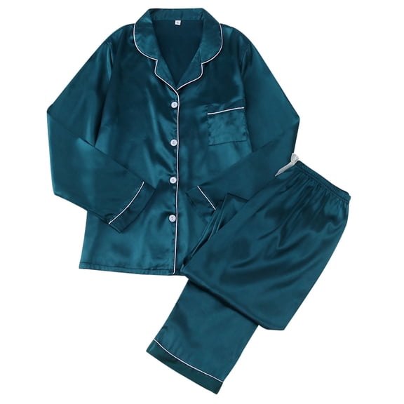 Silk Pajamas for Women Set,Casual Long Sleeve 2 Piece Sleepwear Soft Casual Outfits with Pockets,Ladies Pajamas,Size:S
