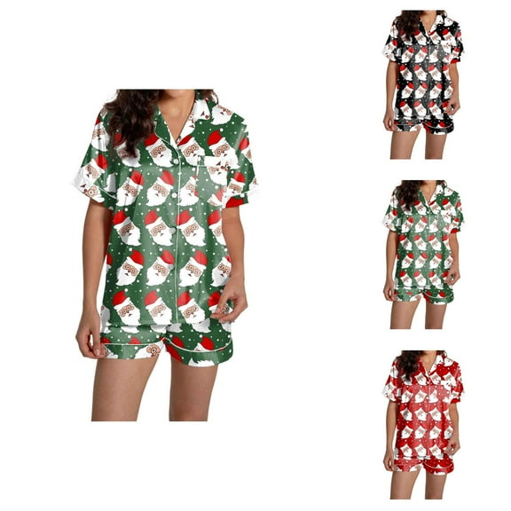 Silk Pajamas for Women – Sexy 2 Piece Lounge Shorts Women's Casual Christmas Print Pajama Set Silk Satin Short Sleeve Button Up Top And Shorts Set