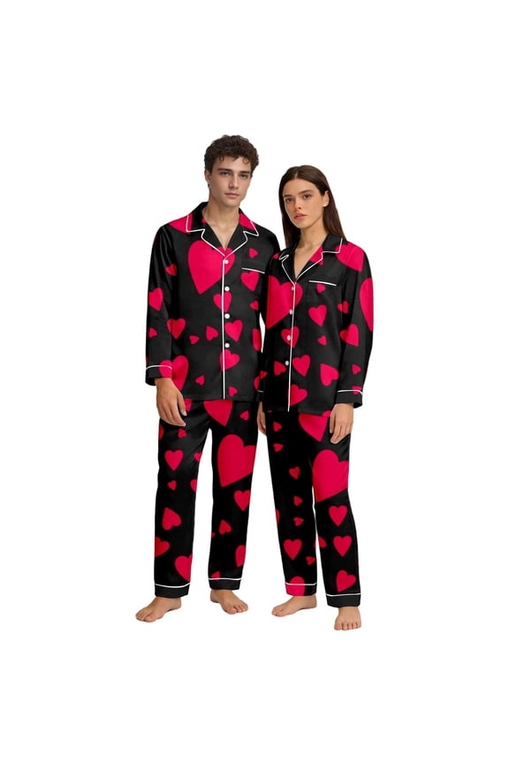 Silk Pajamas for Women Valentine's Day Matching Couples Pajama with Heart Print Cozy 2 Piece Set Sleepwear