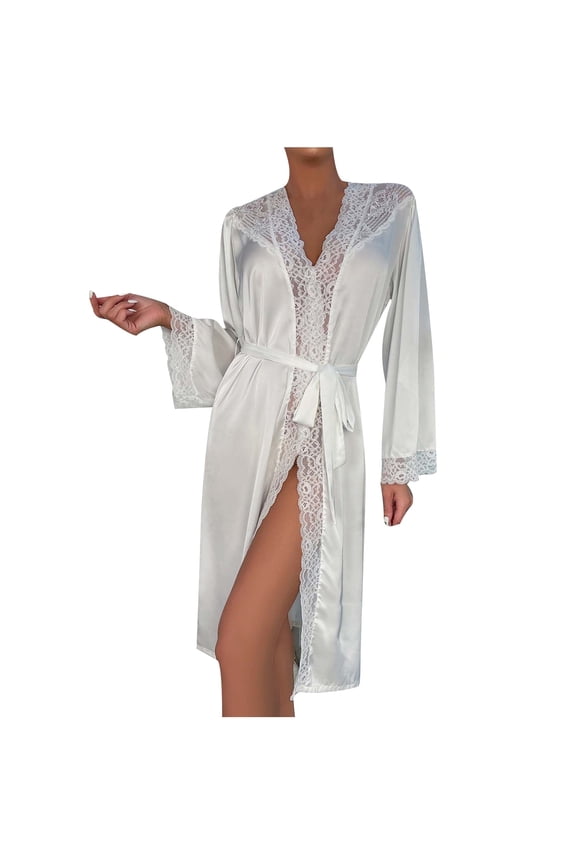 Silk Pajamas for Women Women's White Lace Robe Floral Lace Kimonos Robe Long Sleeves Dressing Gown Bathrobe Bride Robe Nightwear S-27