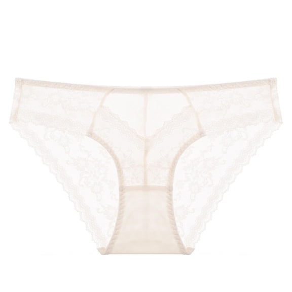 Silk Panties Women's Lace Briefs Floral Sheer Mesh Bikini Panties Valentine's Day Casual Underwear Beige L