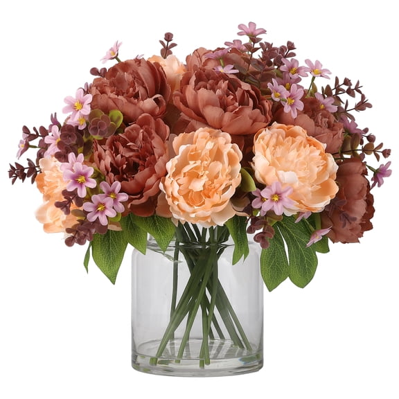Silk Peony Bouquet in Glass Vase with Faux Water – Lifelike Artificial Flowers for Home Decor, Wedding Table Centerpiece – Mixed Arrangement,Brown
