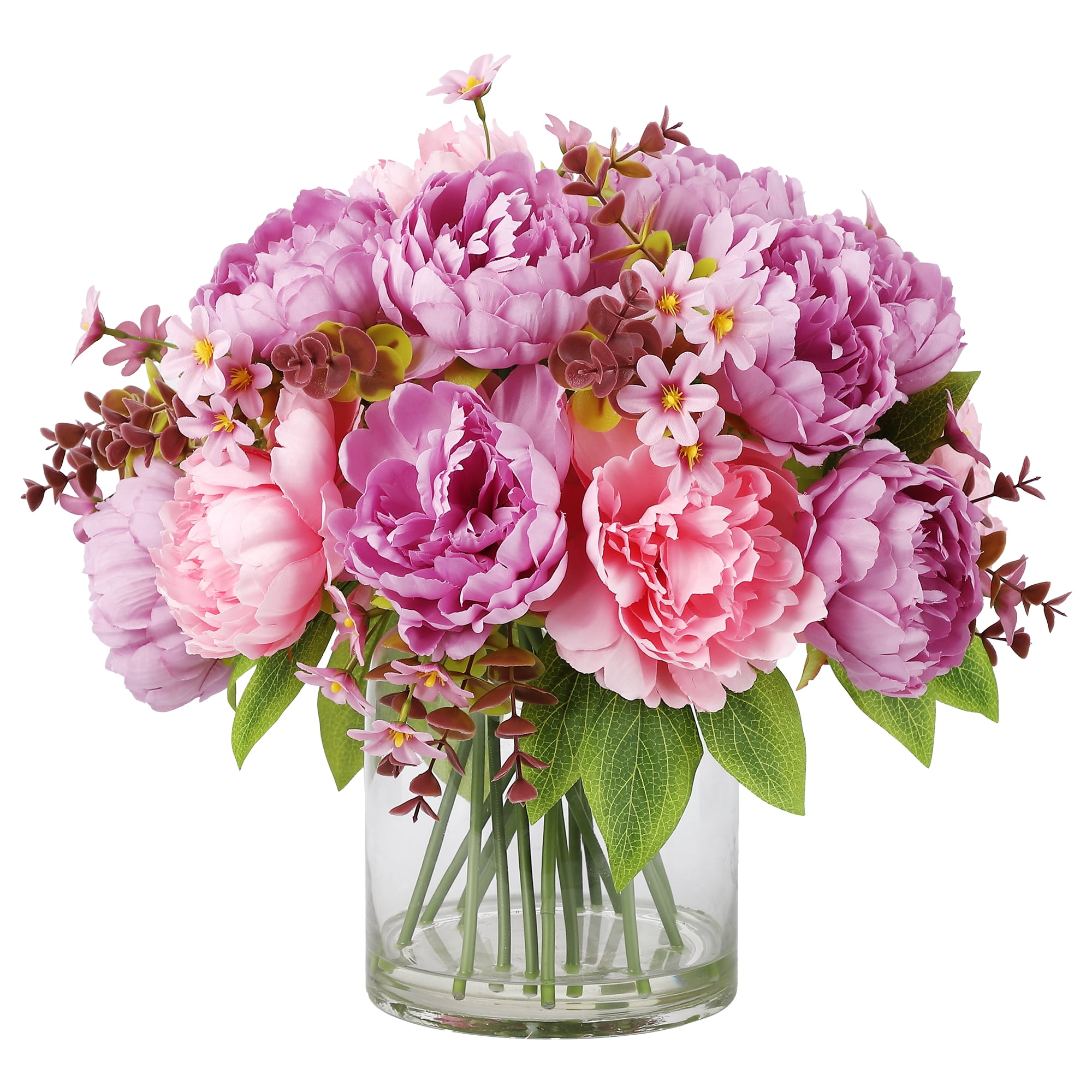 Silk Peony Bouquet in Glass Vase with Faux Water – Lifelike Artificial Flowers for Home Decor, Wedding Table Centerpiece – Mixed Arrangement，Pink