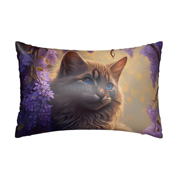 Silk Pillow Case for Hair And Skin Queen - Purple Flower Lazy Cat Cooling Sleep Throw Pillow Covers Standard Size 20x30in, comfort Satin Pillowcase with Zipper for Women Men