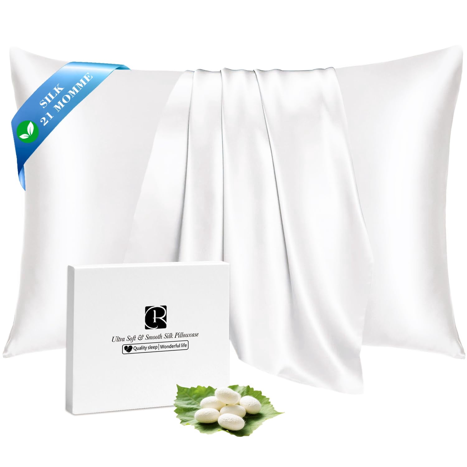 Silk Pillow Cases With Zipper  21 Momme Mulberry Pillowcase For Hair Skin Soft Smooth Breathable Cool Cover Beauty Sleep(standard 20"x26" White)
