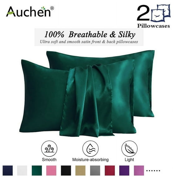 Auchen Satin Pillow Case, 2 Pack Satin Queen Silky Pillowcase for Hair and Skin, Satin Pillowcase Set of 2-Queen Size(20"x30")Dark Green