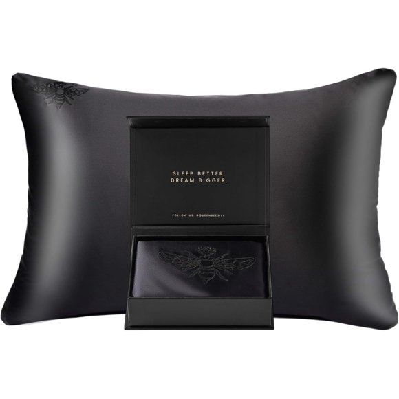 Silk Pillowcase for Hair and Skin - 22 Momme Mulberry Silk - Charmeuse Weave - Envelope Closure - King Size - Black
