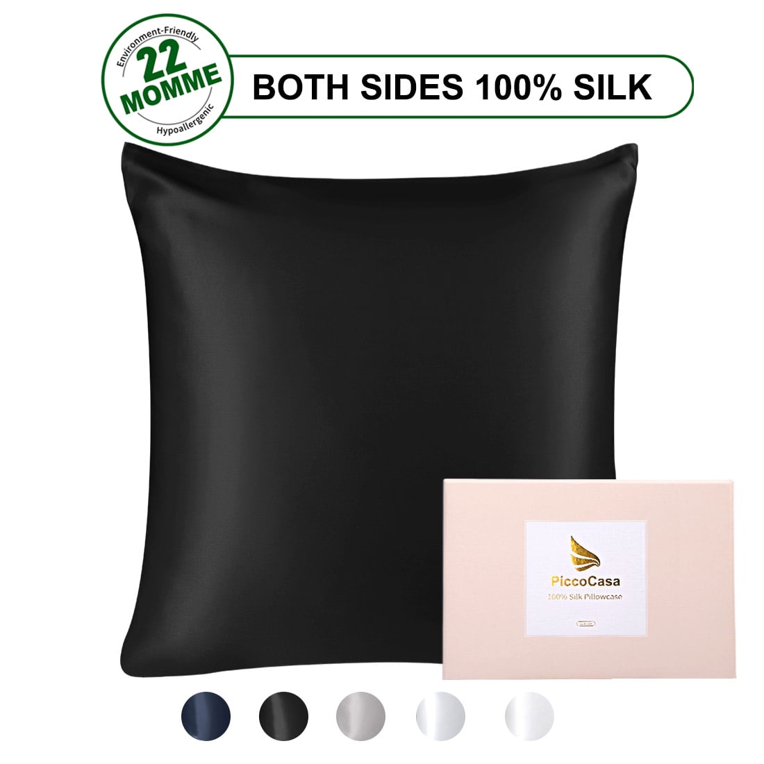PiccoCasa Silk Pillowcase for Hair and Skin, 22 Momme Silk Pillow Cases Covers with Zip King Black