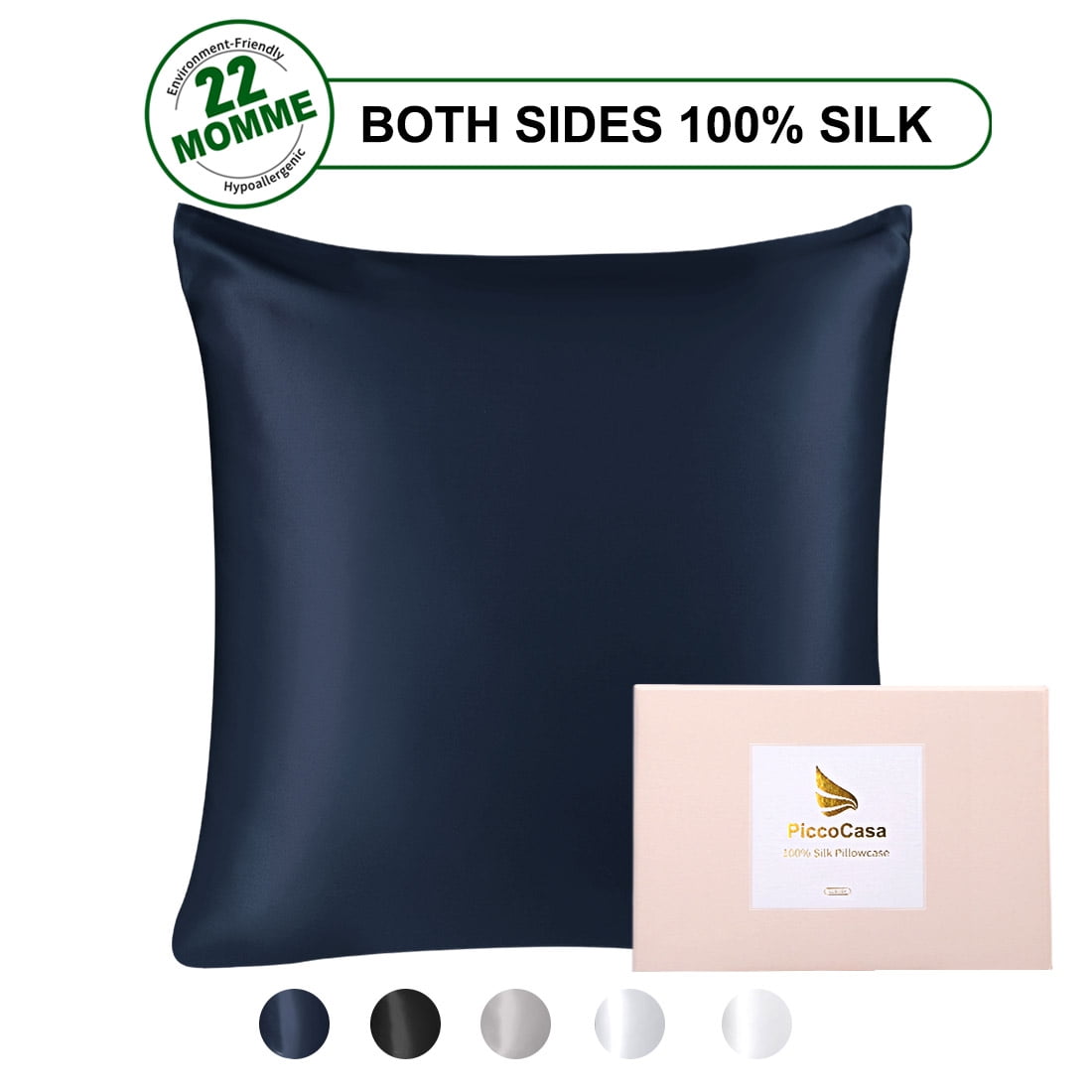 PiccoCasa Silk Pillowcase for Hair and Skin, 22 Momme Silk Pillow Cases Covers with Zip King Navy