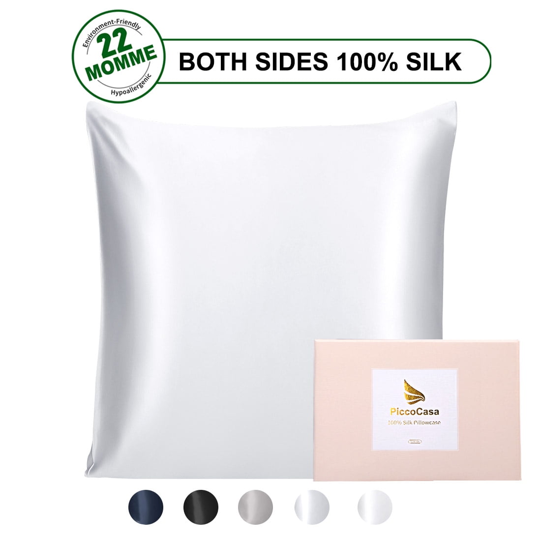 PiccoCasa Silk Pillowcase for Hair and Skin, 22 Momme Silk Pillow Cases Covers with Zip King Silver
