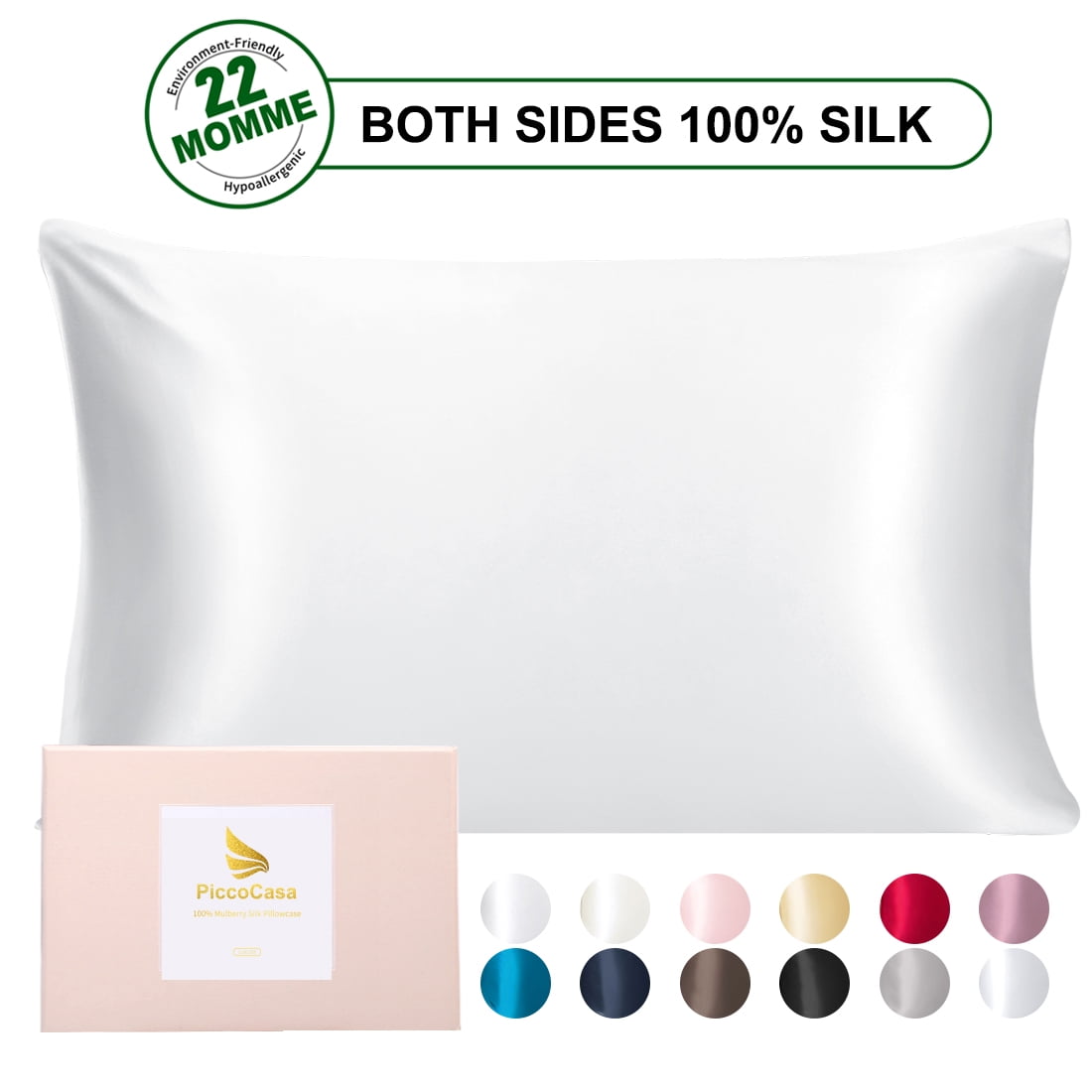PiccoCasa Silk Pillowcase for Hair and Skin, 22 Momme Silk Pillow Cases Covers with Zip Queen White