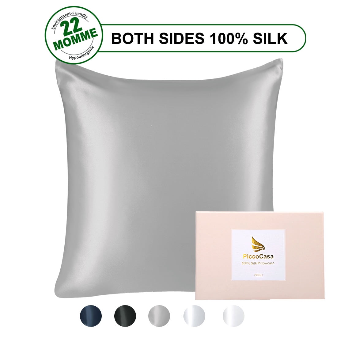 PiccoCasa Silk Pillowcase for Hair and Skin, 22 Momme Silk Pillow Cases Covers with Zip Standard Grey