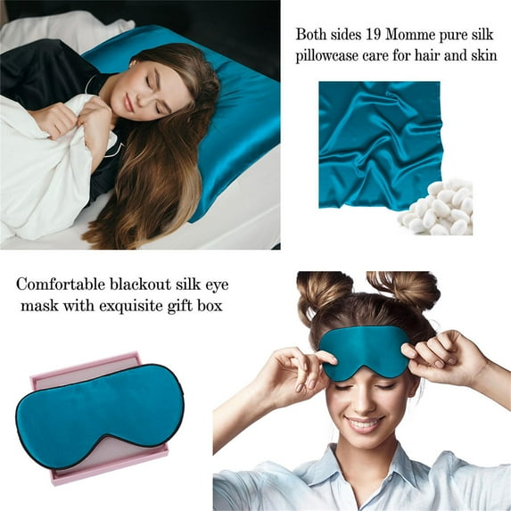 Silk Pillowcases + Silk Eye Cover With Gift Box Queen Peacock Blue