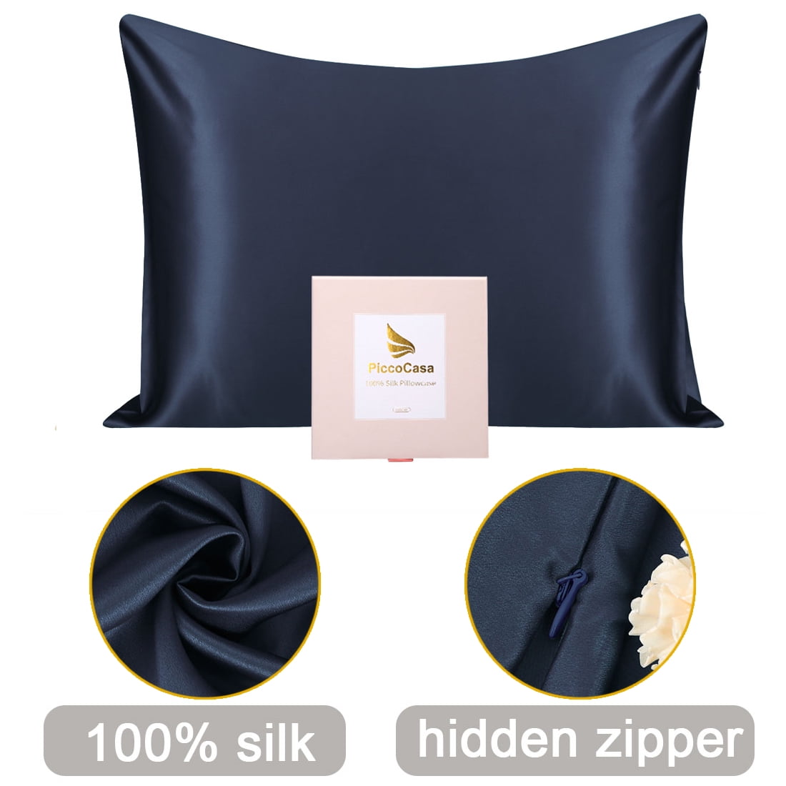 PiccoCasa Silk Pillowcases for Hair and Skin with Zipper Closure Non-Standard Navy Blue